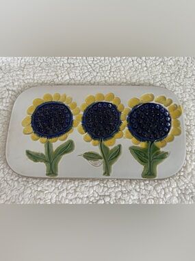 RARE Vintage Bennington Pottery Tile Trivet Plaque 1576 SUNFLOWERS 1970s